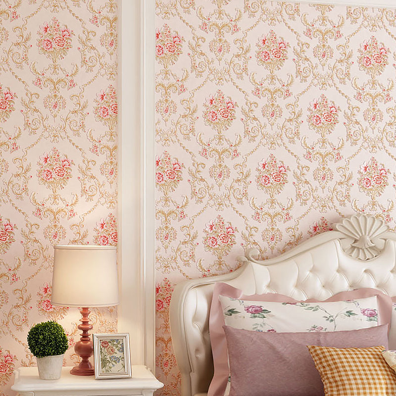 Removable Peony Flower Wallpaper Farmhouse Non-Woven Fabric Wall Art in Pastel Color, Self-Stick