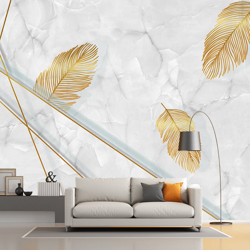 Feather and Marble Wallpaper Mural Grey-Yellow Modern Style Wall Decor for Living Room