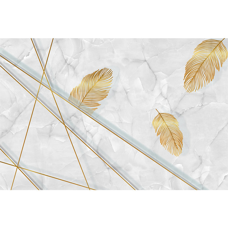 Feather and Marble Wallpaper Mural Grey-Yellow Modern Style Wall Decor for Living Room