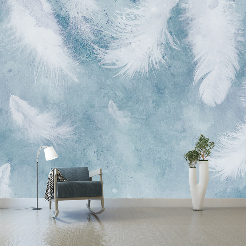 White Feather Wall Mural Decal Water Resistant Modernist Bedroom Wall Art on Blue
