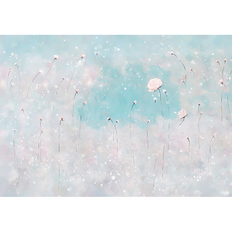 Illustration Flowers Wall Paper Murals for Bedroom, Pink and Blue, Personalised Size