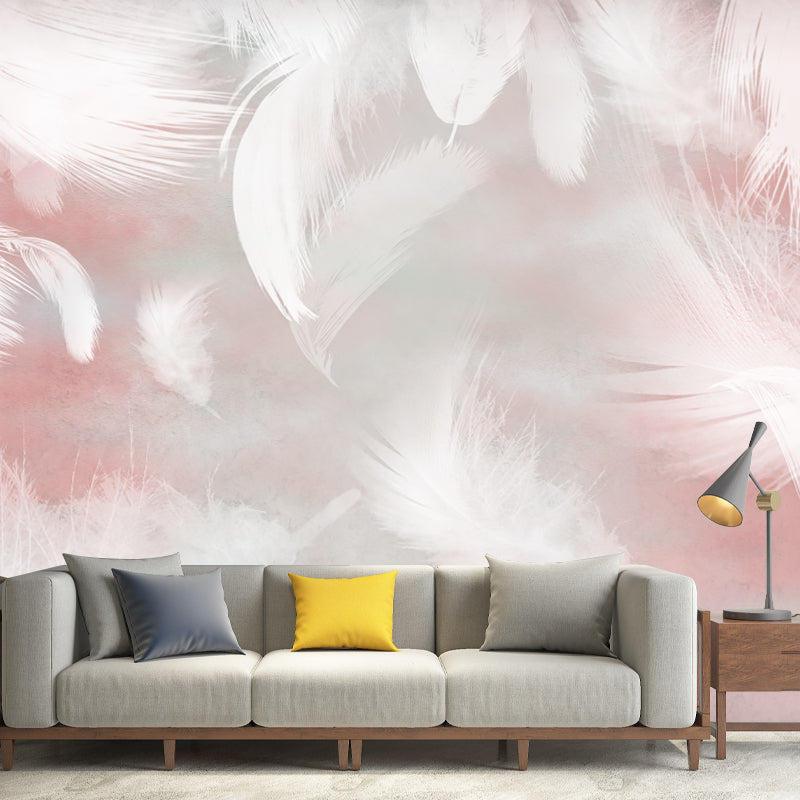 Pink-White Feathers Wall Mural Stain Resistant Wall Decor for Girls Bedroom, Non-Woven Fabric