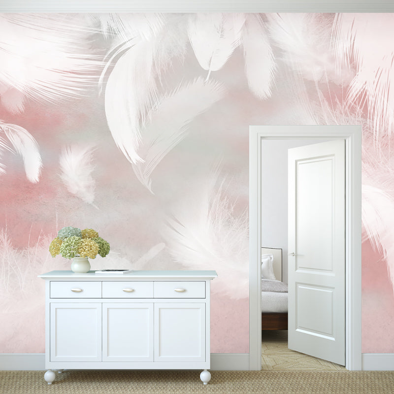 Pink-White Feathers Wall Mural Stain Resistant Wall Decor for Girls Bedroom, Non-Woven Fabric