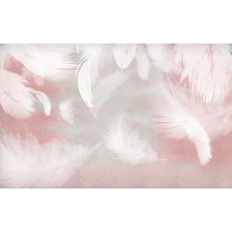 Pink-White Feathers Wall Mural Stain Resistant Wall Decor for Girls Bedroom, Non-Woven Fabric