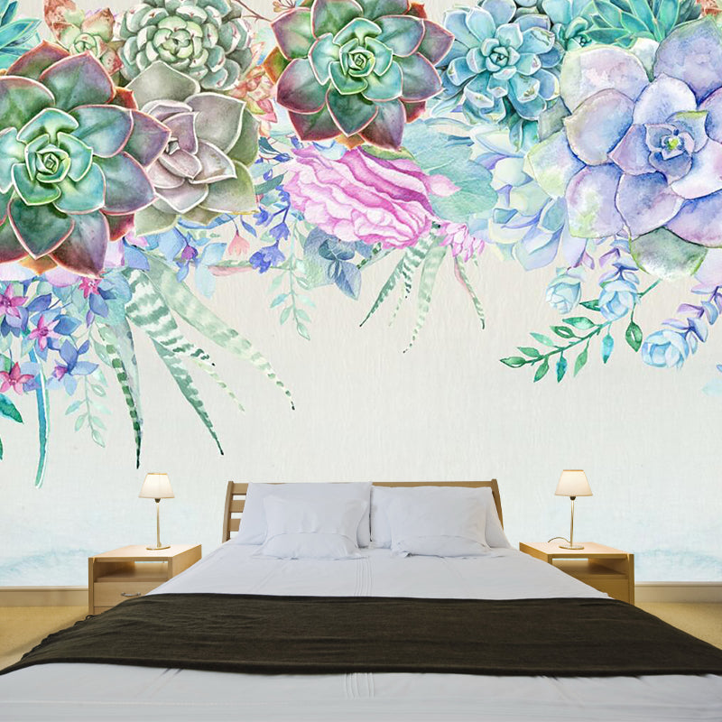 Succulent Plants Mural Wallpaper in Blue and Green, Contemporary Wall Art for Living Room