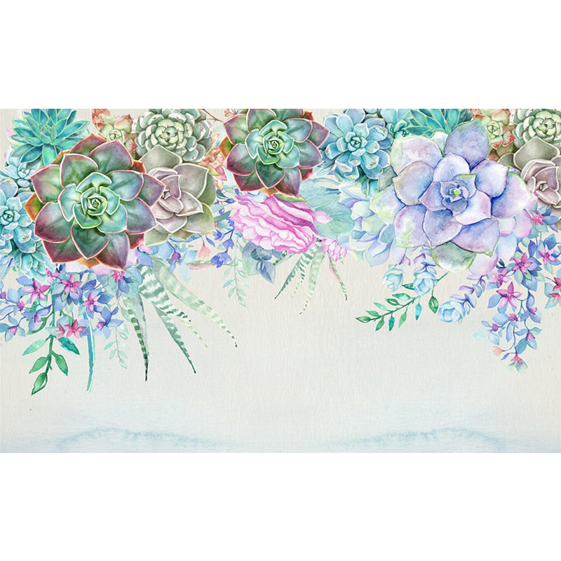 Succulent Plants Mural Wallpaper in Blue and Green, Contemporary Wall Art for Living Room