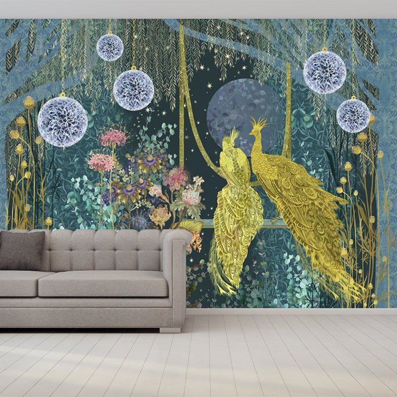 Modern Peacock in Forest Mural Decal for Accent Wall, Full Size Wall Decor in Yellow and Green