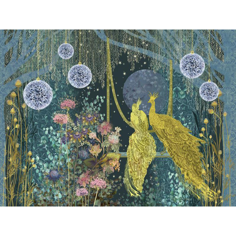 Modern Peacock in Forest Mural Decal for Accent Wall, Full Size Wall Decor in Yellow and Green