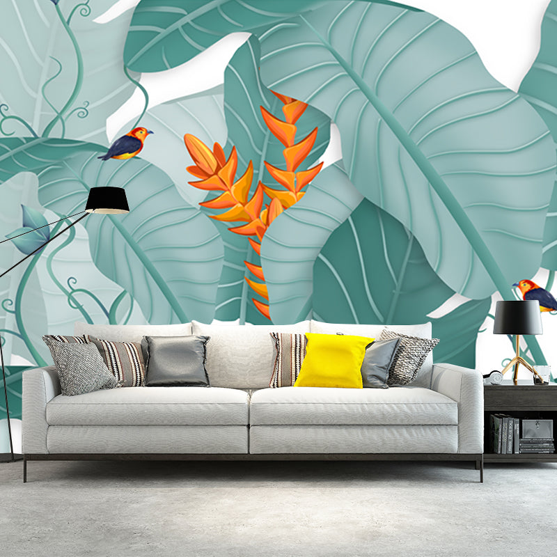 Tropics Plant Banana Leaves Mural Green Stain Resistant Wall Art for Living Room