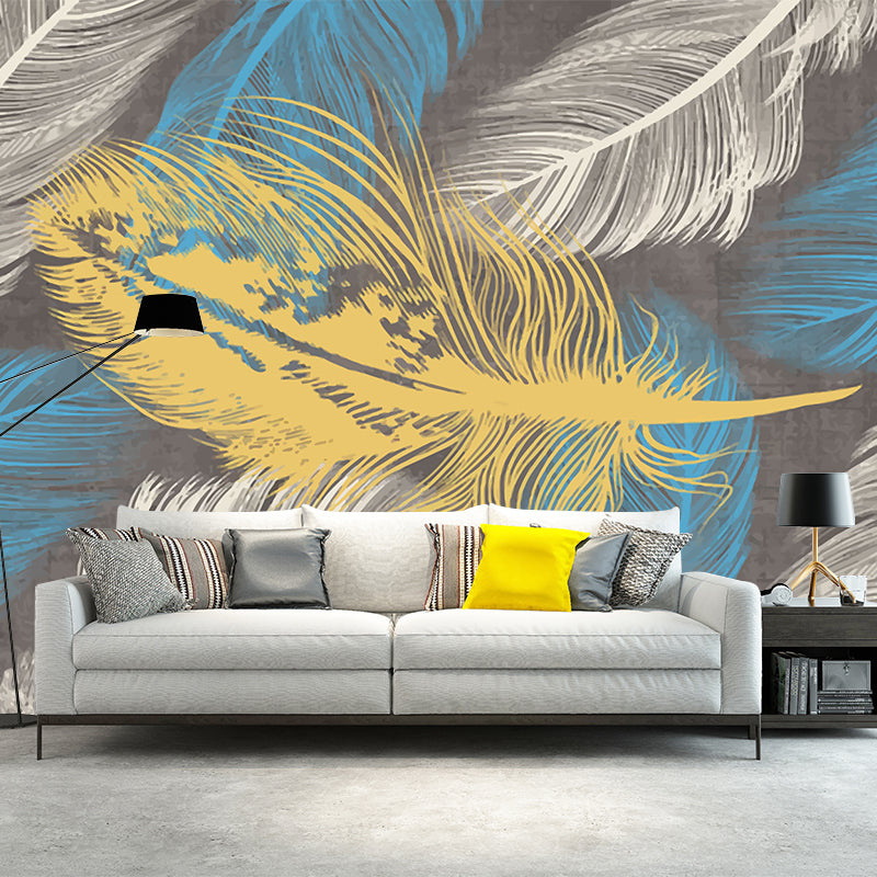 Yellow-Blue Feather Wallpaper Murals Moisture Resistant Modern Bedroom Wall Decor