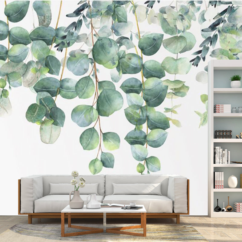 Watercolor Leaf Wall Decal Mural Modern Non-Woven Material Wall Art in Green-White