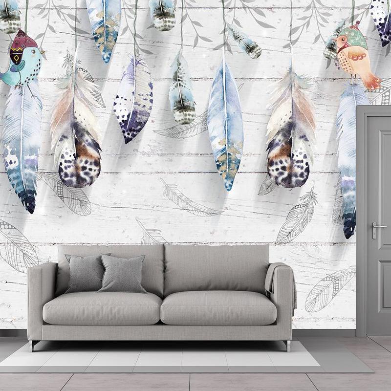 Modernist Feathers Mural Decal Grey Barn Wood Wall Covering for Living Room, Water-Proof