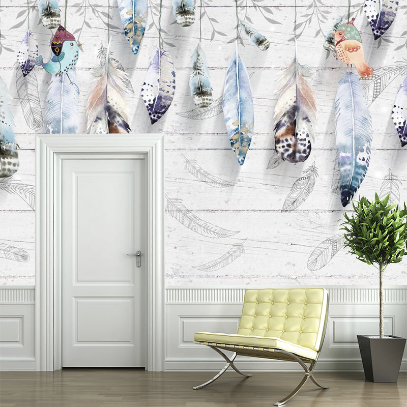Modernist Feathers Mural Decal Grey Barn Wood Wall Covering for Living Room, Water-Proof