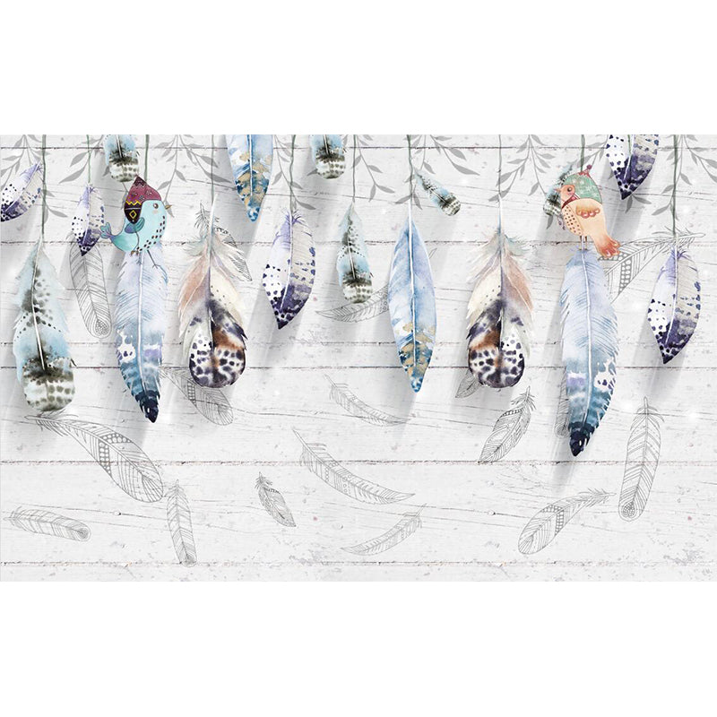 Modernist Feathers Mural Decal Grey Barn Wood Wall Covering for Living Room, Water-Proof