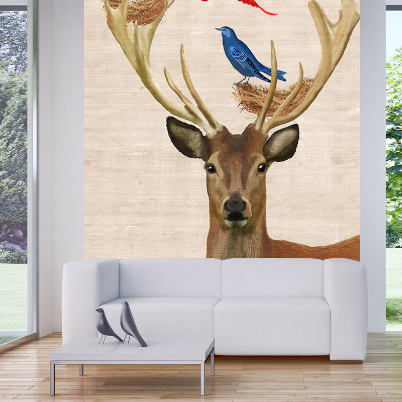 Custom Illustration Nordic Mural Decal with Bird and Deer Pattern in Brown, Waterproof
