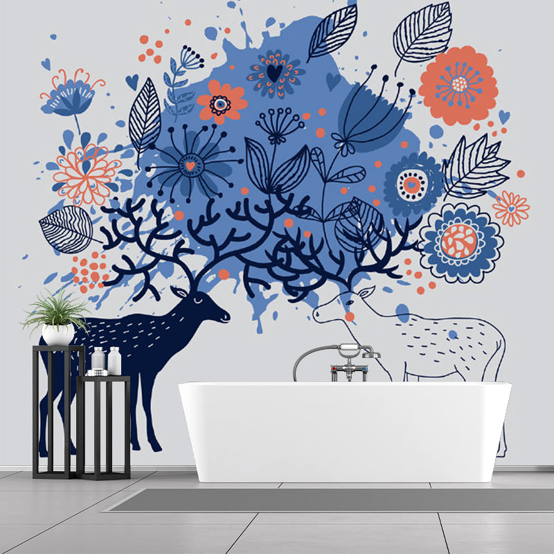 Childrens Art Sika Deer Mural Blue Stain-Resistant Wall Decor for Bedroom, Non-Woven