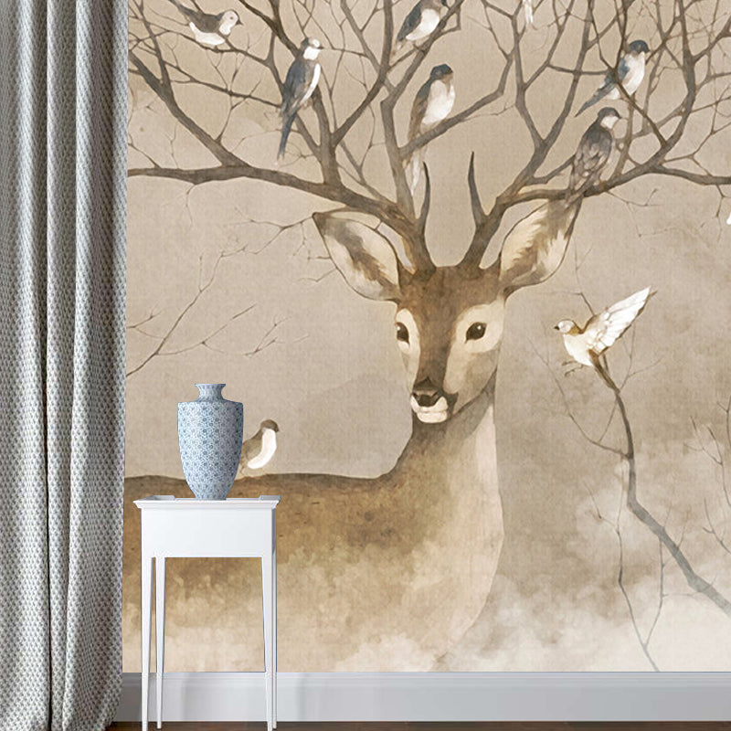 Large Animal Murals for Home Deer with Bird Patterned Wall Art in Brown, Waterproof