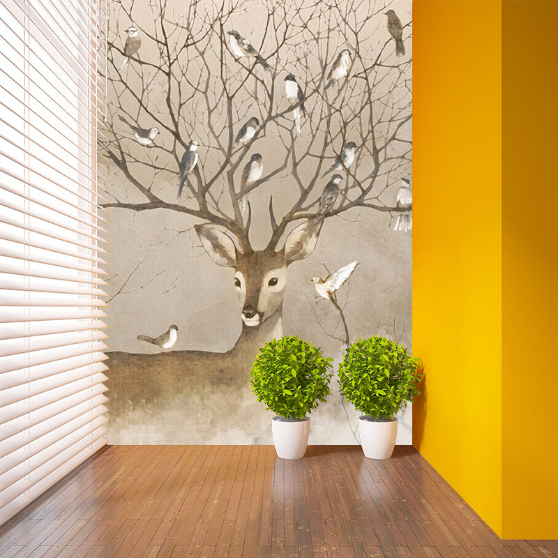 Large Animal Murals for Home Deer with Bird Patterned Wall Art in Brown, Waterproof