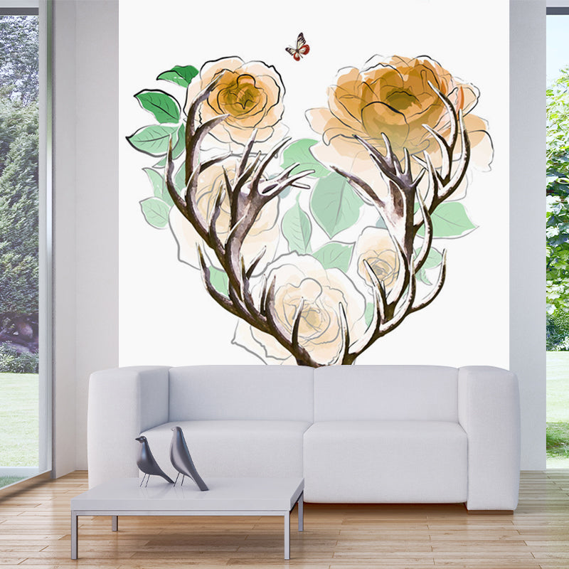 Stain Resistant Wallpaper Mural Artistry Non-Woven Fabric Wall Decor with Antler and Flower Pattern