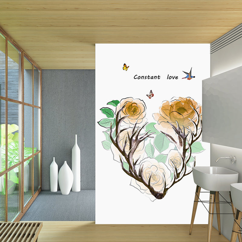 Stain Resistant Wallpaper Mural Artistry Non-Woven Fabric Wall Decor with Antler and Flower Pattern