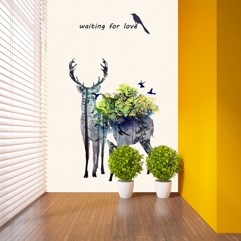 Deer Family Watercolor Murals Art Deco Moisture Resistant Bedroom Wall Covering, Customized Size
