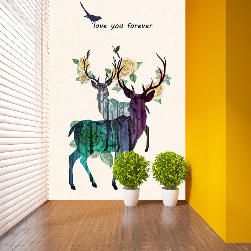 Custom Illustration Artistic Mural with Deer and Peony Blossom Pattern in Yellow-Green