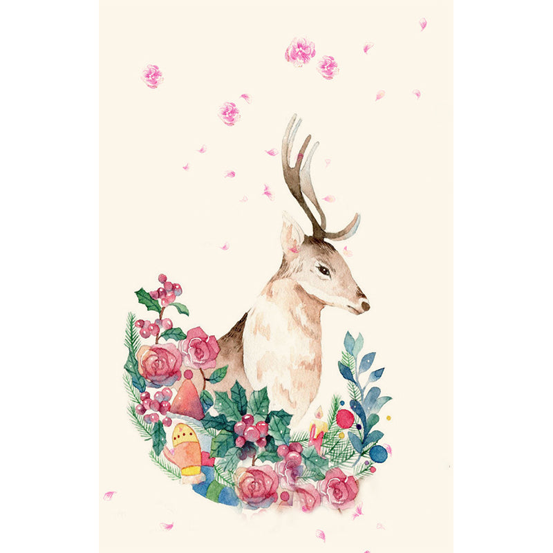 Artistic Deer Wall Covering Murals Pink and Green Flower Wall Decor for Living Room