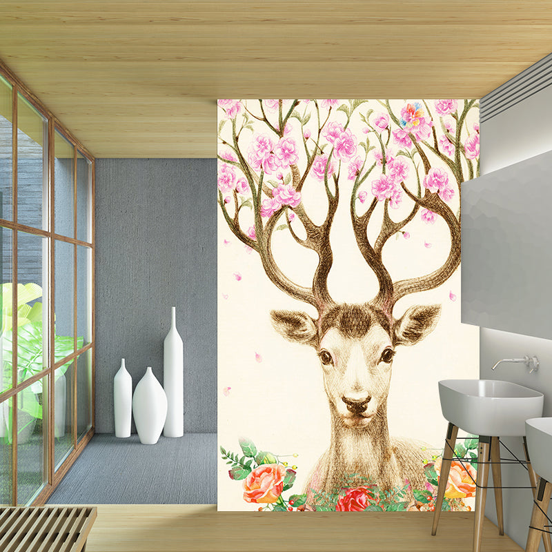 Artistry Girls Wall Mural with Flower on Deer Antler Drawing Pattern Beige Wall Covering for Decor
