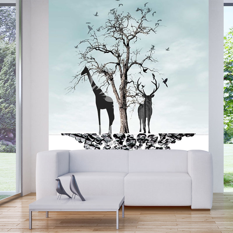 Blue-Black Art Deco Murals Full Size Path to Deer and Bare Tree Painting Wall Covering for Accent Wall