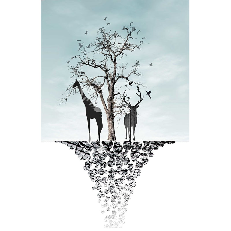 Blue-Black Art Deco Murals Full Size Path to Deer and Bare Tree Painting Wall Covering for Accent Wall