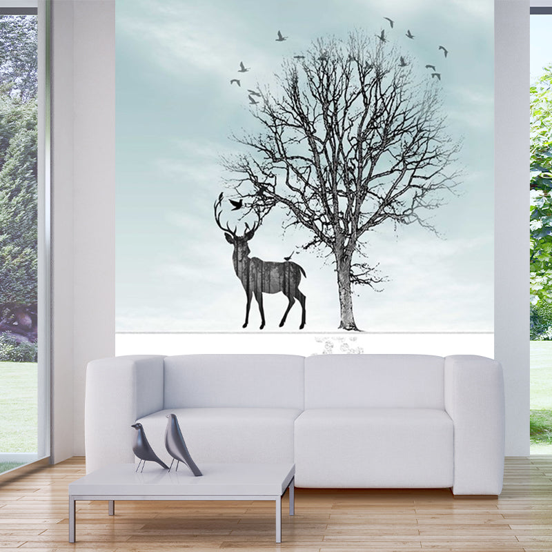 Blue-Black Art Deco Murals Full Size Path to Deer and Bare Tree Painting Wall Covering for Accent Wall