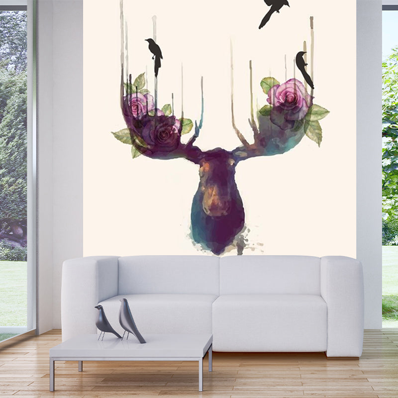 Beautiful Purple-Blue Elk Mural Wallpaper for Bedroom Decoration, Made by Non-Woven Cloth