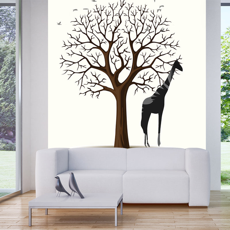 Whole Minimalist Wall Murals Black and White Giraffe with Bare Tree Painting Wall Decor, Custom Made