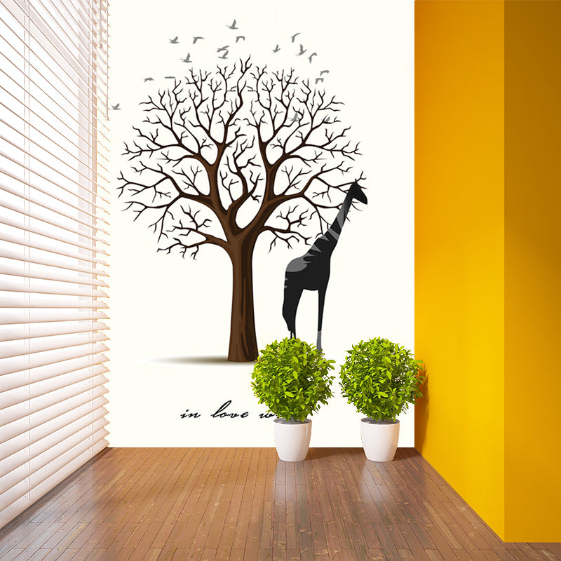 Whole Minimalist Wall Murals Black and White Giraffe with Bare Tree Painting Wall Decor, Custom Made
