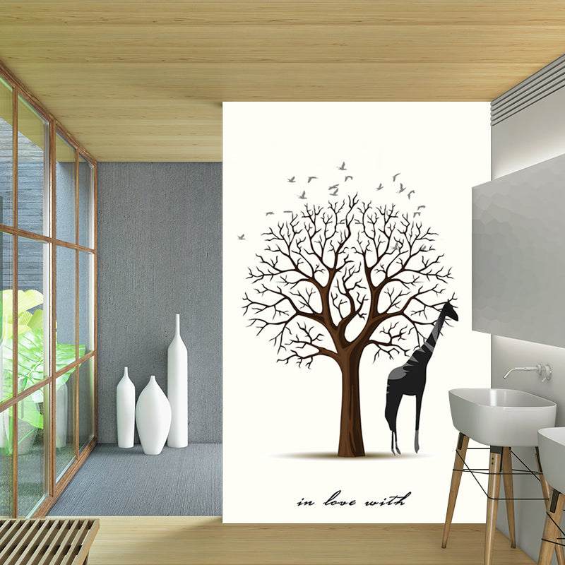 Whole Minimalist Wall Murals Black and White Giraffe with Bare Tree Painting Wall Decor, Custom Made