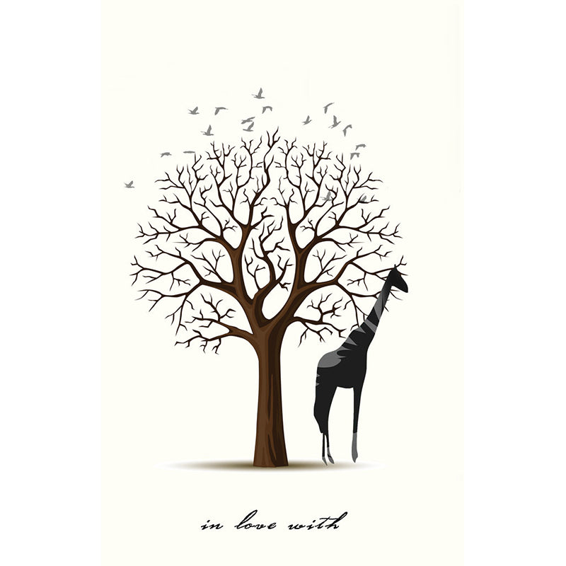 Whole Minimalist Wall Murals Black and White Giraffe with Bare Tree Painting Wall Decor, Custom Made