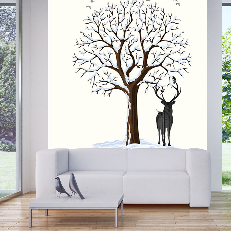 Deer Under Snowy Tree Mural Nordic Stain-Resistant Bedroom Wall Covering, Personalized Size