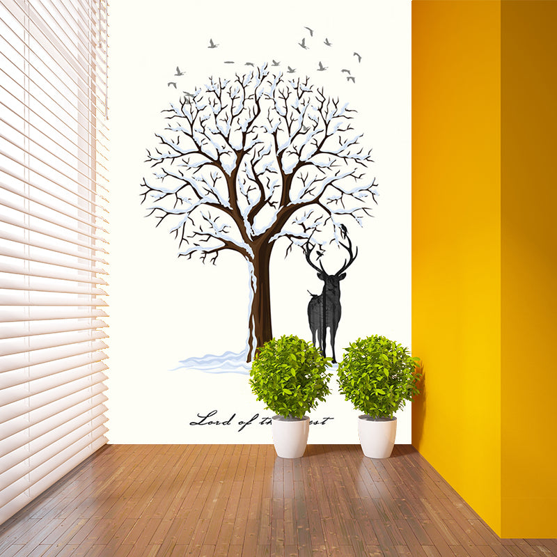 Deer Under Snowy Tree Mural Nordic Stain-Resistant Bedroom Wall Covering, Personalized Size