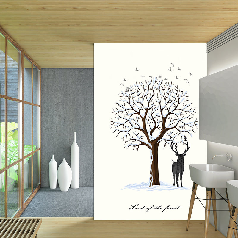 Deer Under Snowy Tree Mural Nordic Stain-Resistant Bedroom Wall Covering, Personalized Size