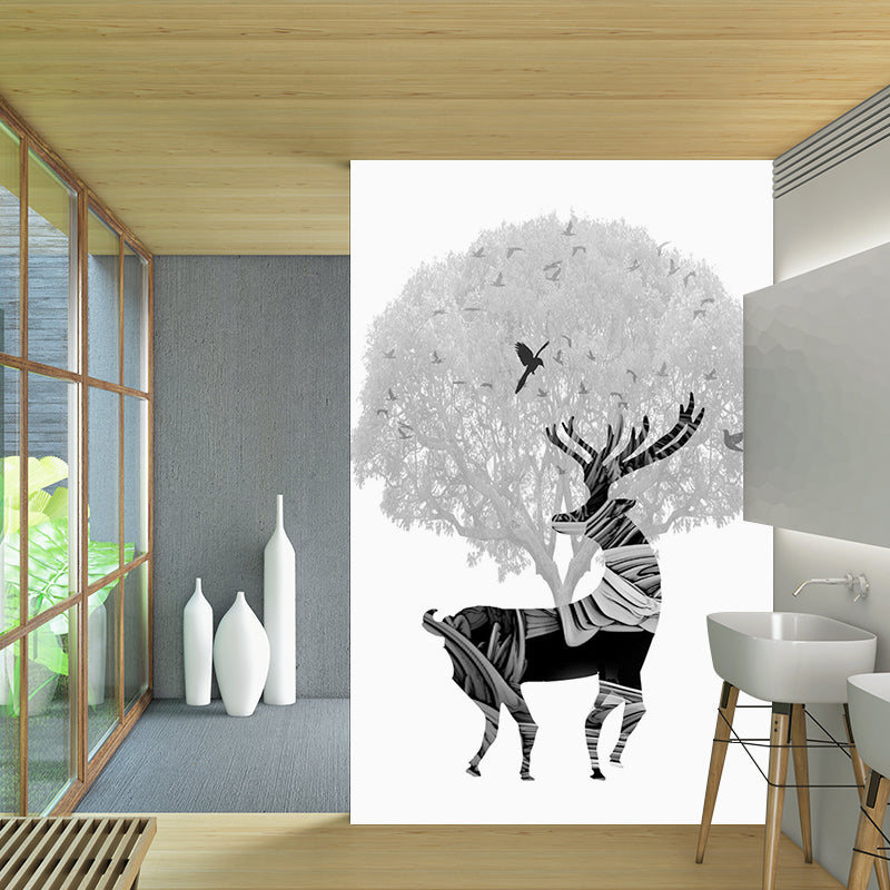 Black-White Artistic Mural Decal Full Size Deer and Tree Pattern Wall Covering for Bedroom
