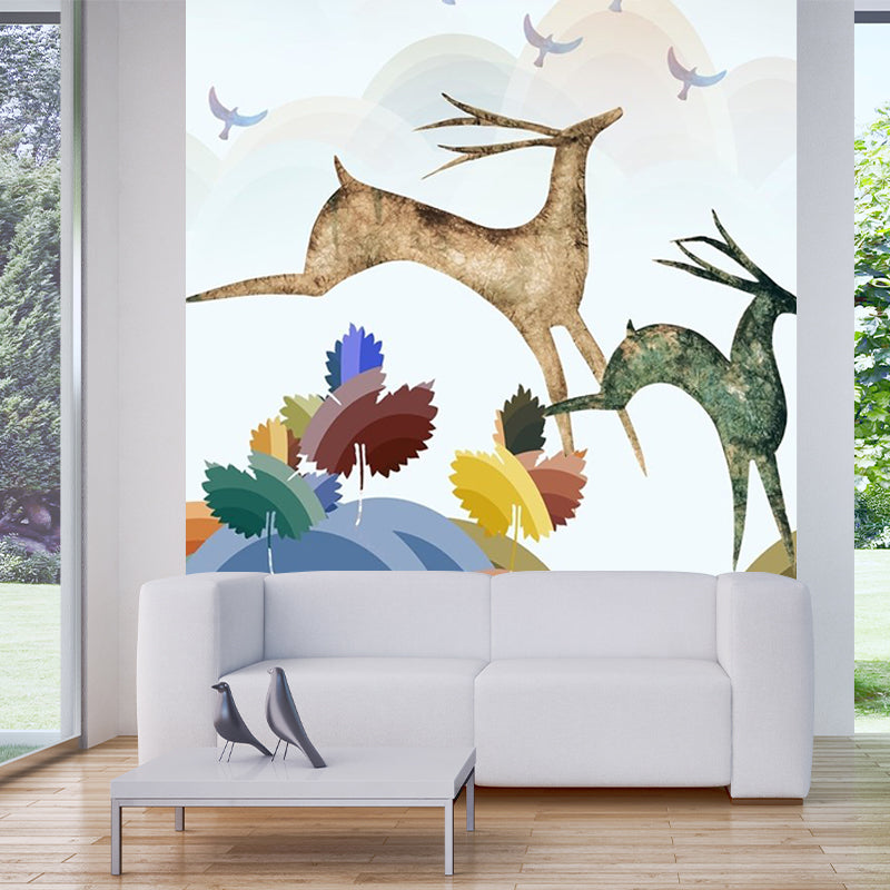Art Deco Deer Mural Wallpaper for Living Room Customized Wall Covering in Blue-Orange-Yellow