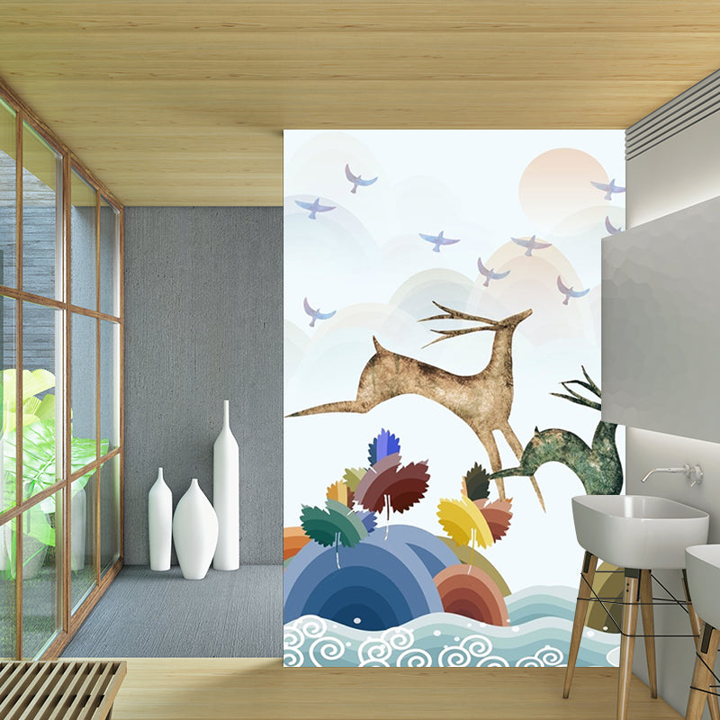 Art Deco Deer Mural Wallpaper for Living Room Customized Wall Covering in Blue-Orange-Yellow
