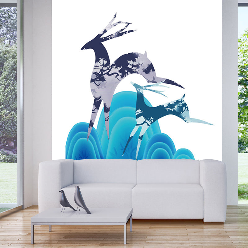 Illustration Deer and Stone Murals for Childrens Bedroom, Blue and Purple, Custom Size Available