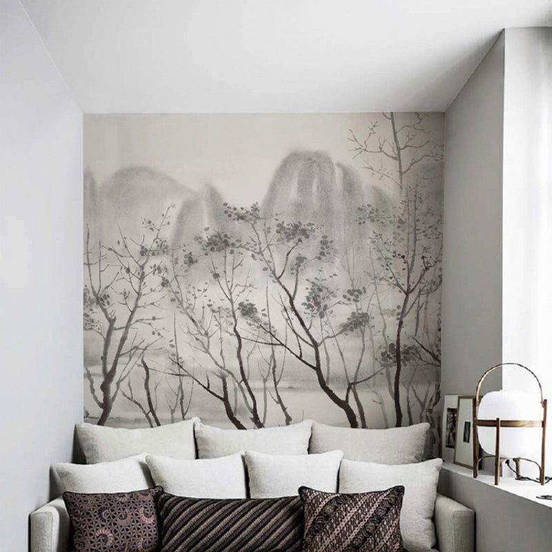 Ink Riverside Mountain Painting Murals Light-Coffee Moisture Resistant Wall Art for Living Room