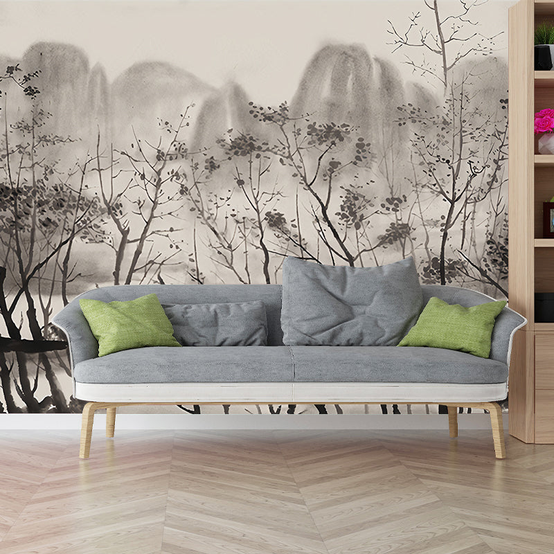 Ink Riverside Mountain Painting Murals Light-Coffee Moisture Resistant Wall Art for Living Room