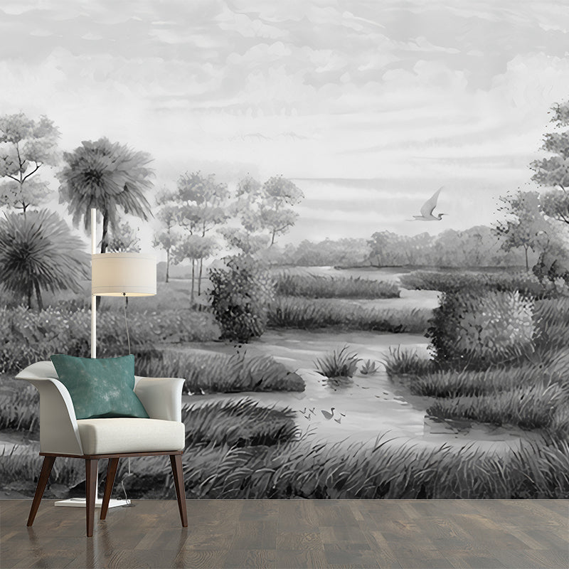 Custom Photography Tropical Wall Murals with River Islets Scenery Pattern in Grey