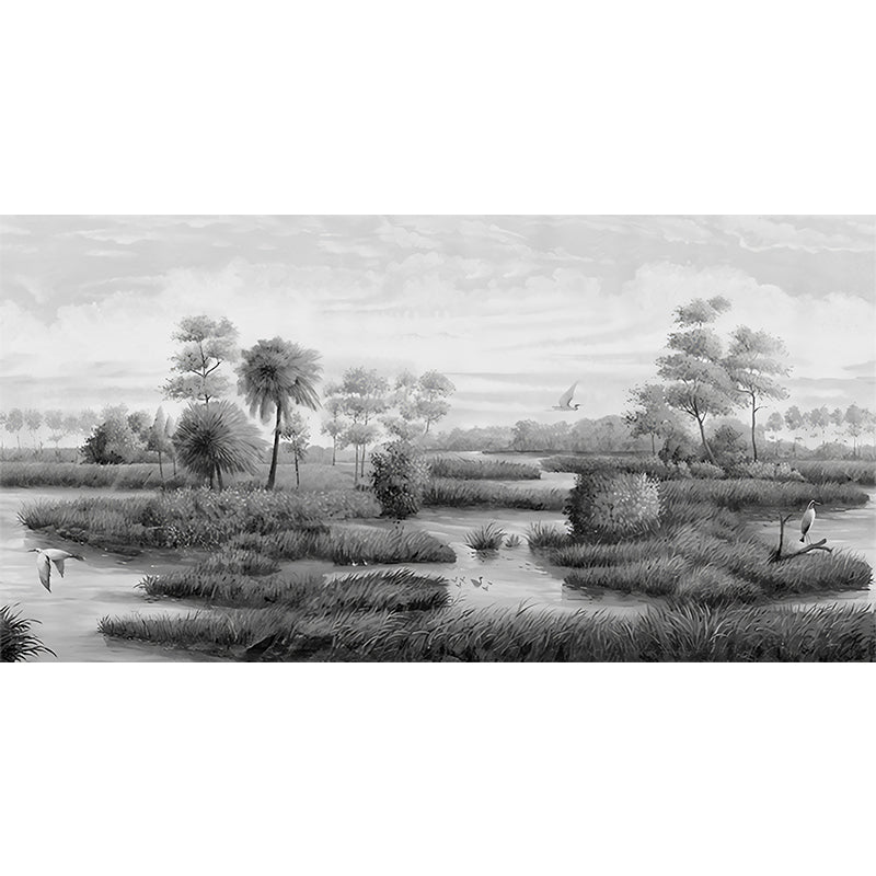 Custom Photography Tropical Wall Murals with River Islets Scenery Pattern in Grey