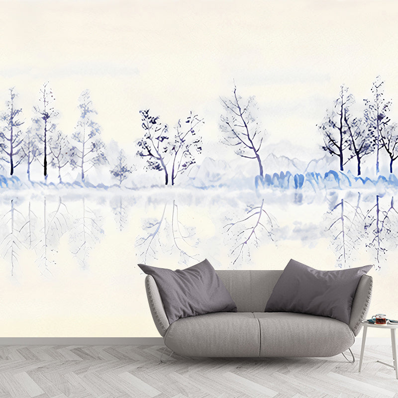 Purple-Yellow Modernist Mural Wallpaper Full Size Trees in River Bank Pattern Wall Art for Bedroom