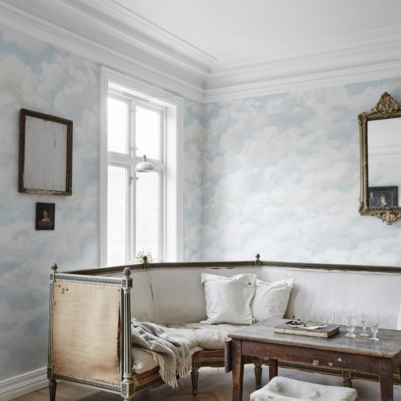 Whole Clouds Patterned Wall Mural Sky Blue-White Non-Woven Wall Covering, Water Resistant, Custom Made