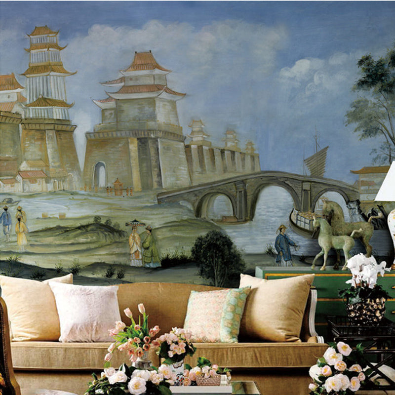 Life in Qing Dynasty Murals Pastel Color Vintage Wall Decoration for Living Room, Non-Woven
